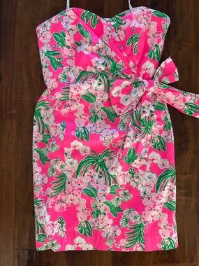 Lilly Pulitzer Tropical Pink Floral Strapless Sheath Dress with Side Bow